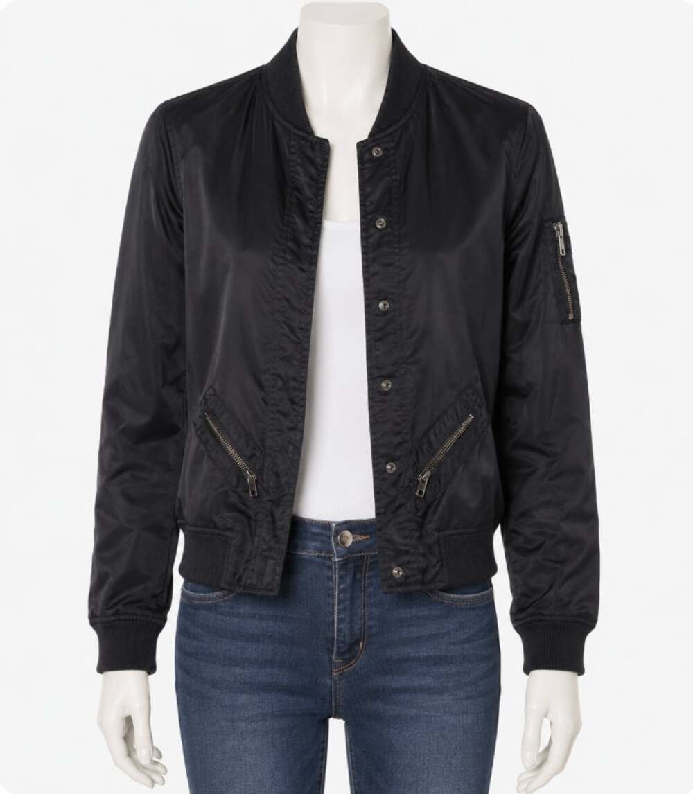 Guess Black Front Snap Bomber Jacket Zip Front & Sleeve Pockets XS